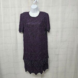 Vintage Brilliante Dress Purple Beaded Lace Layered Formal Evening Cocktail M